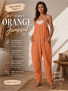 Orange Oversized Jumpsuit Spaghetti Strap Pockets Comfy Chic NWT